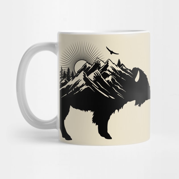 Buffalo Silhouette - Retro Bison Mountain - Buffalo Lover by OrangeMonkeyArt